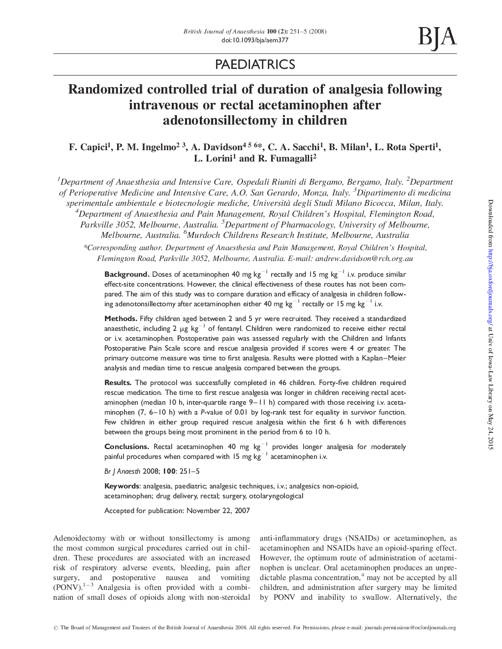 Randomized controlled trial of duration of analgesia following intravenous or rectal acetaminophen after adenotonsillectomy in children