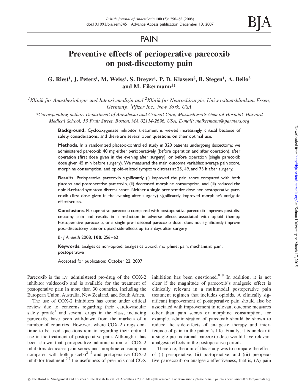 Preventive effects of perioperative parecoxib on post-discectomy pain