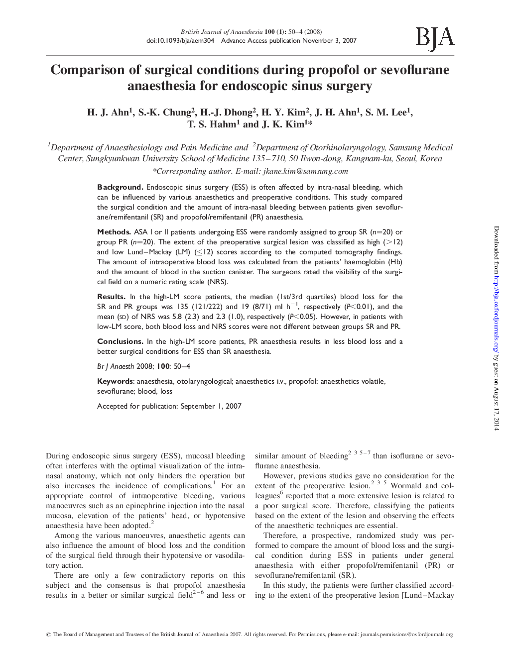 Comparison of surgical conditions during propofol or sevoflurane anaesthesia for endoscopic sinus surgery