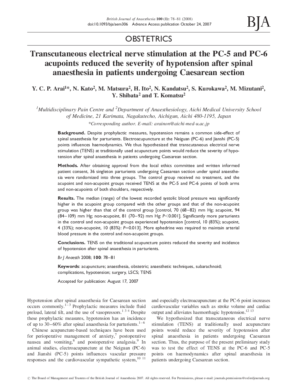 Transcutaneous electrical nerve stimulation at the PC-5 and PC-6 acupoints reduced the severity of hypotension after spinal anaesthesia in patients undergoing Caesarean section