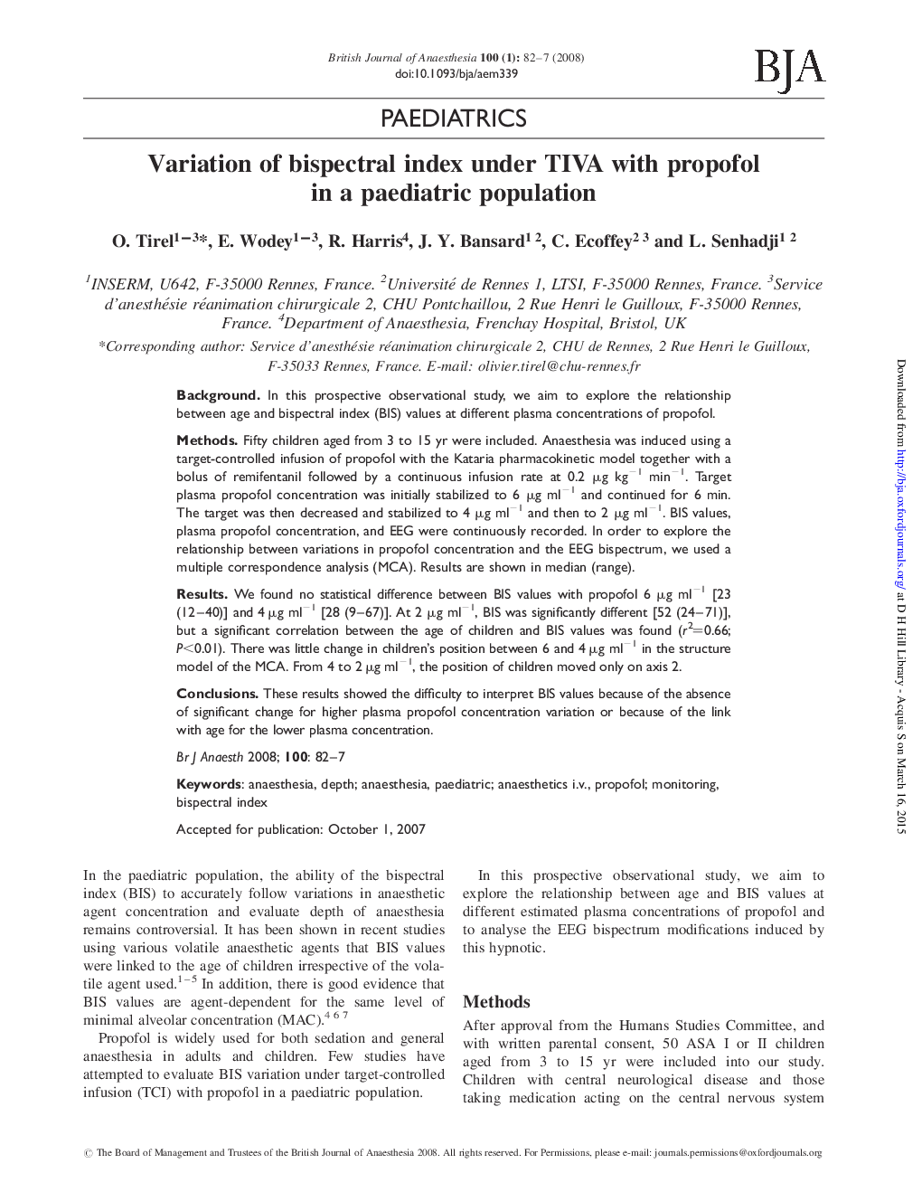 Variation of bispectral index under TIVA with propofol in a paediatric population