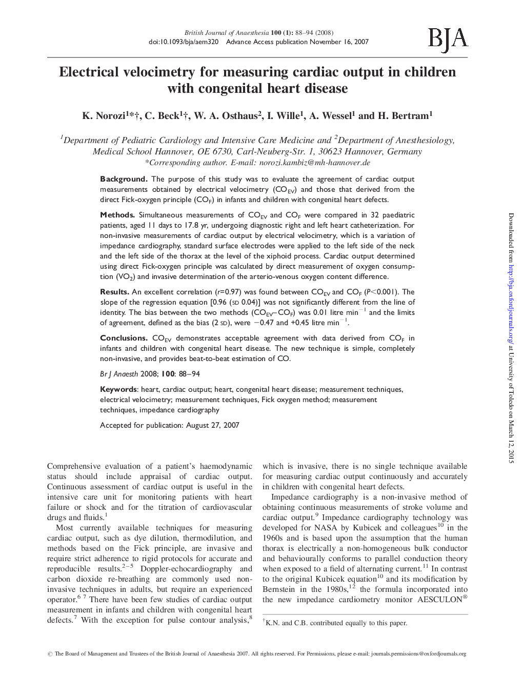 Electrical velocimetry for measuring cardiac output in children with congenital heart disease