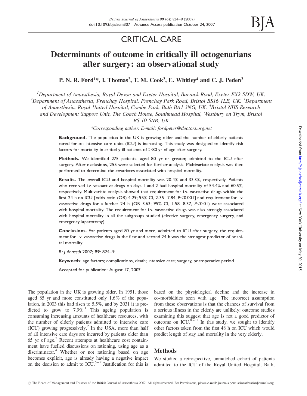 Determinants of outcome in critically ill octogenarians after surgery: an observational study