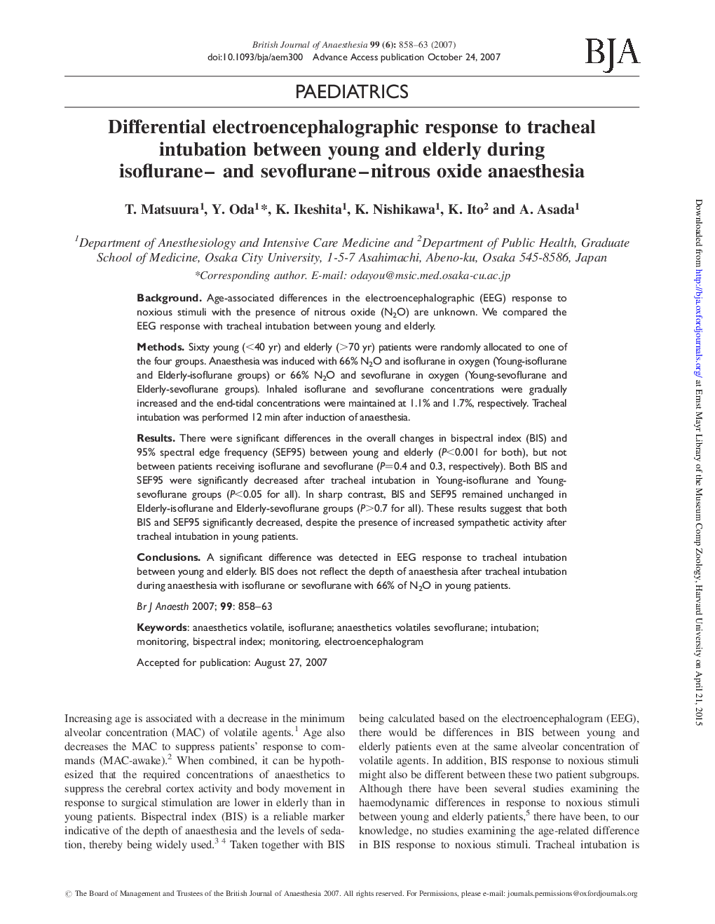 Differential electroencephalographic response to tracheal intubation between young and elderly during isoflurane- and sevoflurane-nitrous oxide anaesthesia