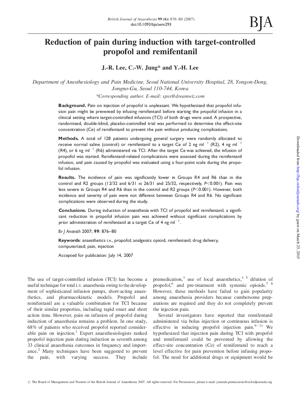 Reduction of pain during induction with target-controlled propofol and remifentanil