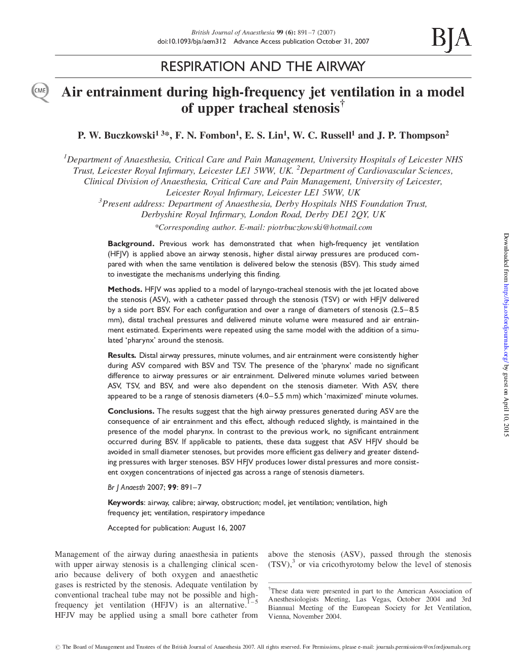 Air entrainment during high-frequency jet ventilation in a model of upper tracheal stenosisâ 