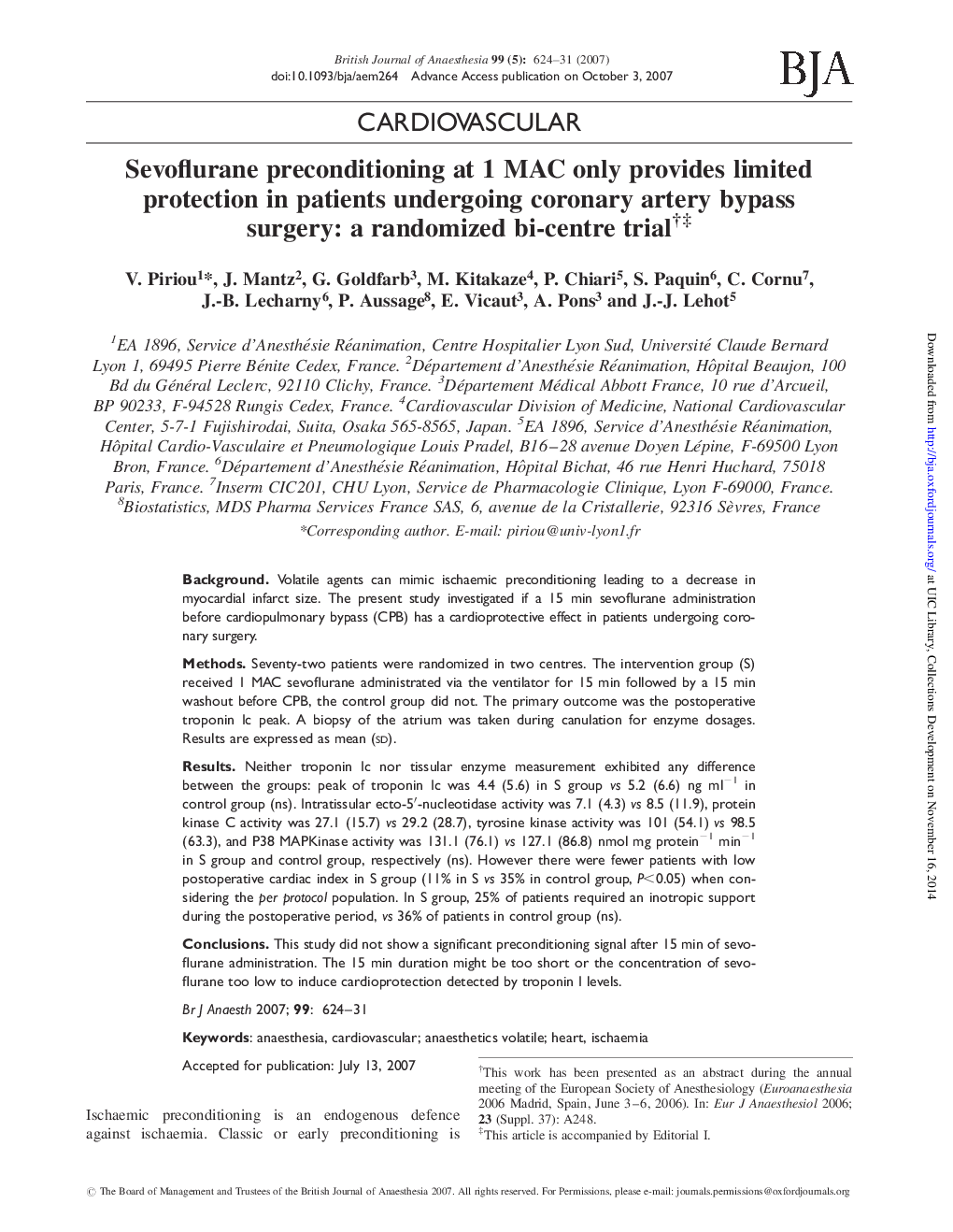 Sevoflurane preconditioning at 1 MAC only provides limited protection in patients undergoing coronary artery bypass surgery: a randomized bi-centre trialâ â¡