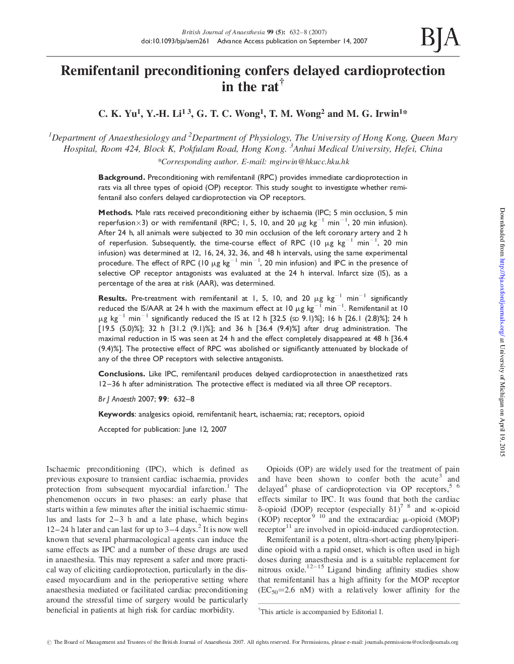 Remifentanil preconditioning confers delayed cardioprotection in the ratâ 