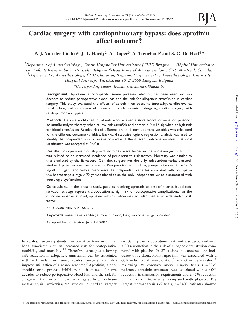 Cardiac surgery with cardiopulmonary bypass: does aprotinin affect outcome?