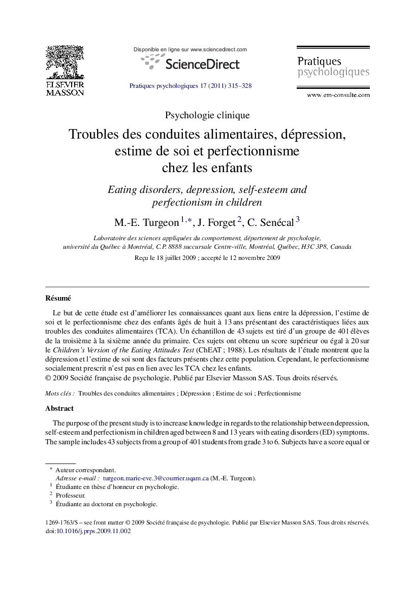 Troubles des conduites alimentaires, dépression, estime de soi et perfectionnisme chez les enfants