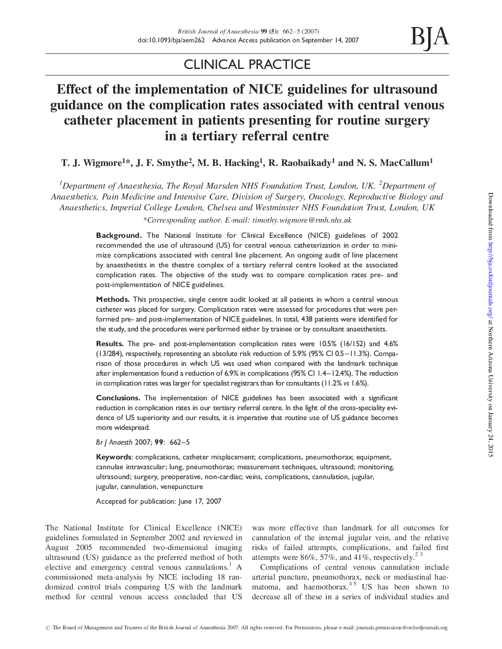 Effect of the implementation of NICE guidelines for ultrasound guidance on the complication rates associated with central venous catheter placement in patients presenting for routine surgery in a tertiary referral centre