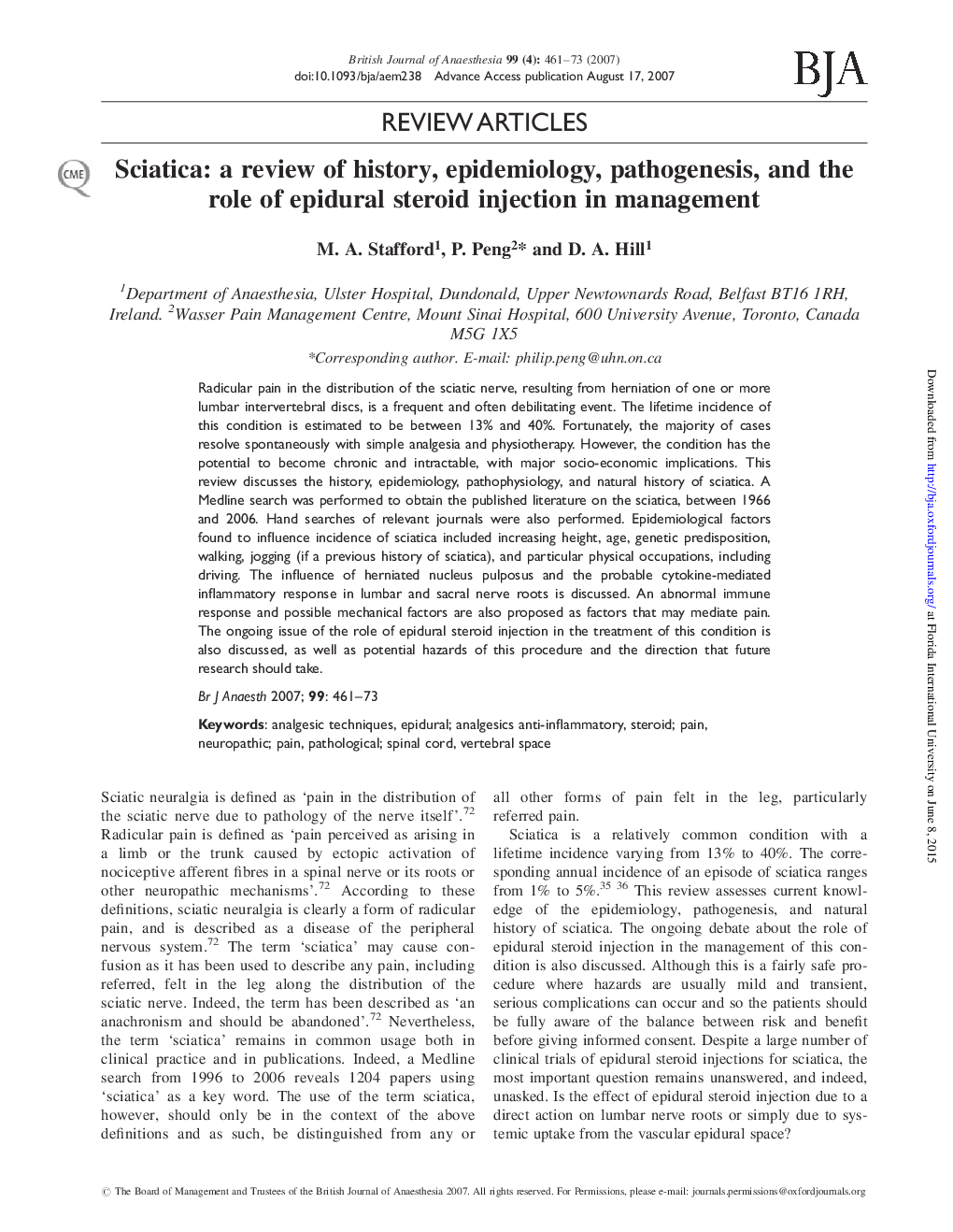 Sciatica: a review of history, epidemiology, pathogenesis, and the role of epidural steroid injection in management