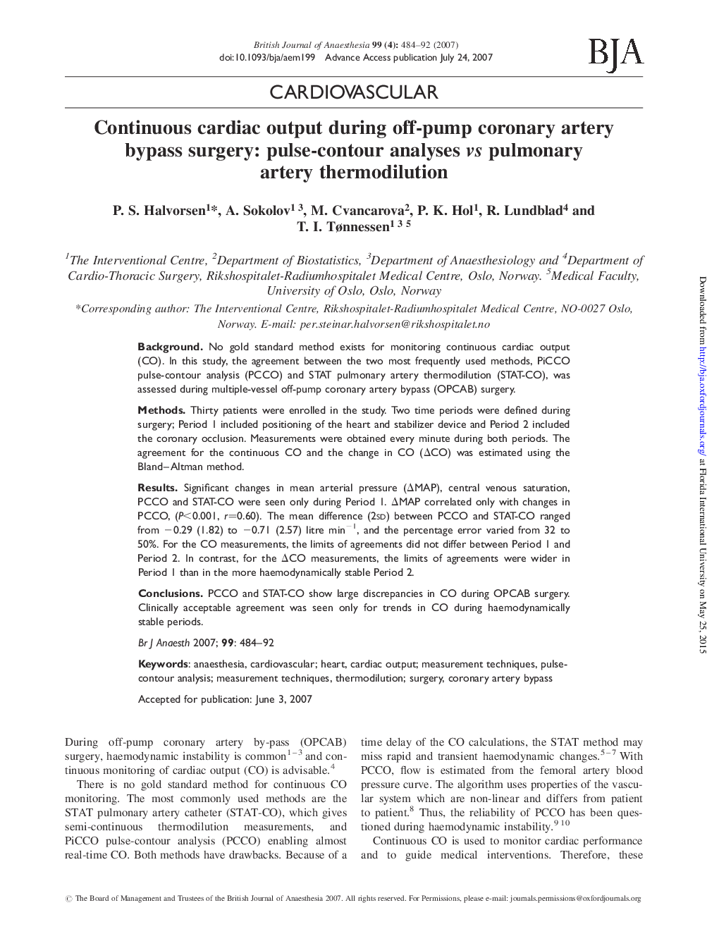 Continuous cardiac output during off-pump coronary artery bypass surgery: pulse-contour analyses vs pulmonary artery thermodilution