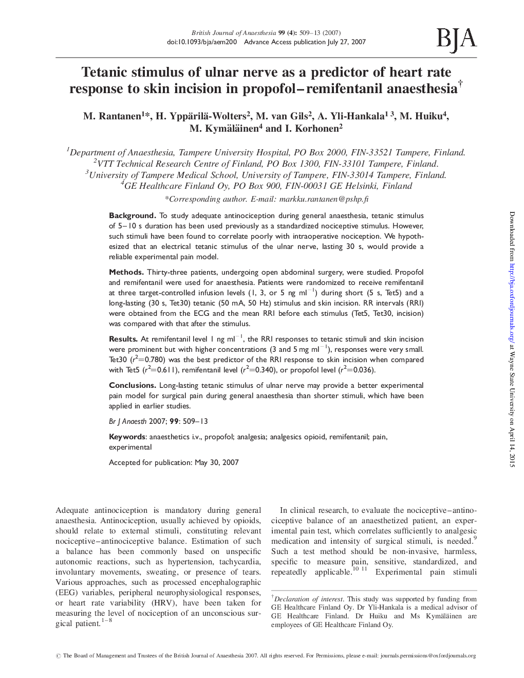 Tetanic stimulus of ulnar nerve as a predictor of heart rate response to skin incision in propofol-remifentanil anaesthesiaâ 