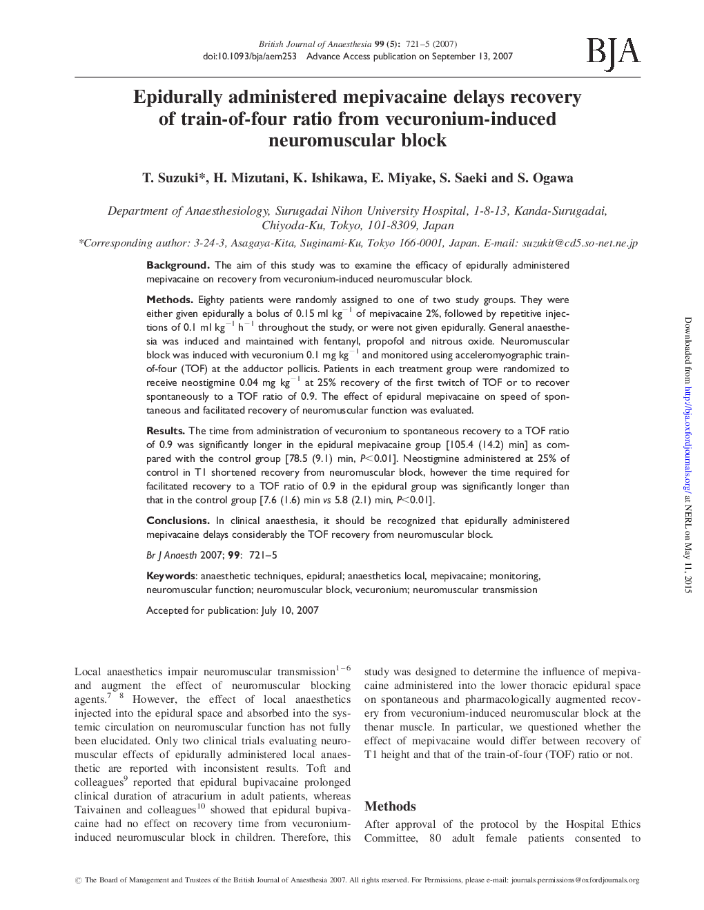 Epidurally administered mepivacaine delays recovery of train-of-four ratio from vecuronium-induced neuromuscular block