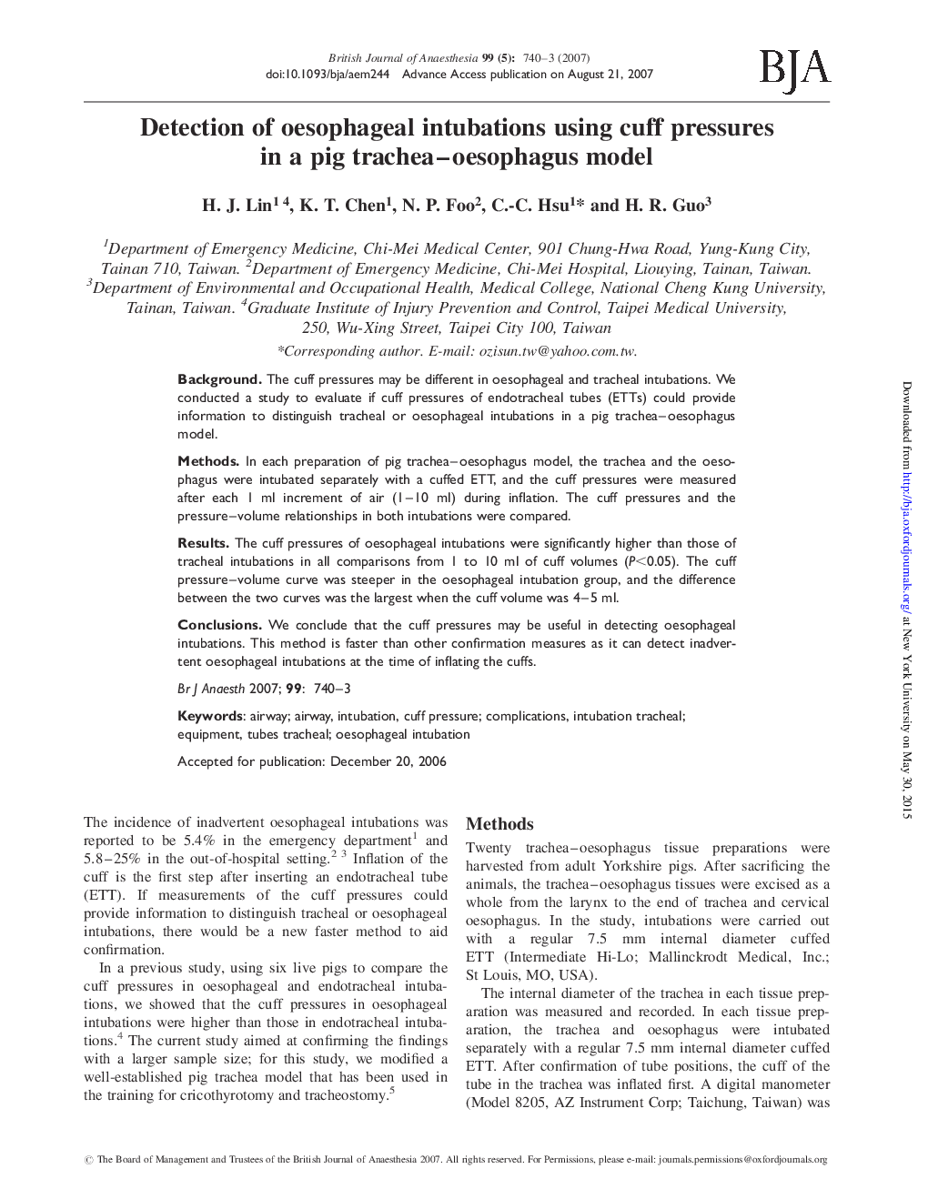 Detection of oesophageal intubations using cuff pressures in a pig trachea-oesophagus model