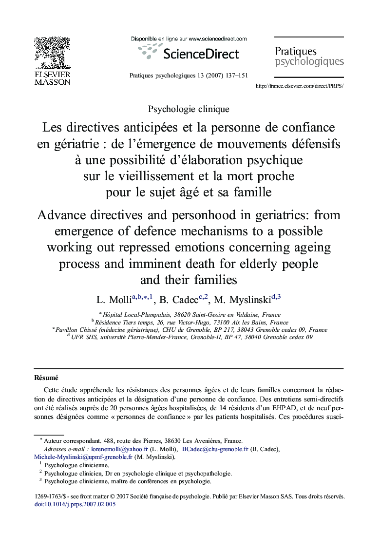 Les directives anticipées et la personne de confiance en gériatrie : de l'émergence de mouvements défensifs à une possibilité d'élaboration psychique sur le vieillissement et la mort proche pour le sujet âgé et sa famille