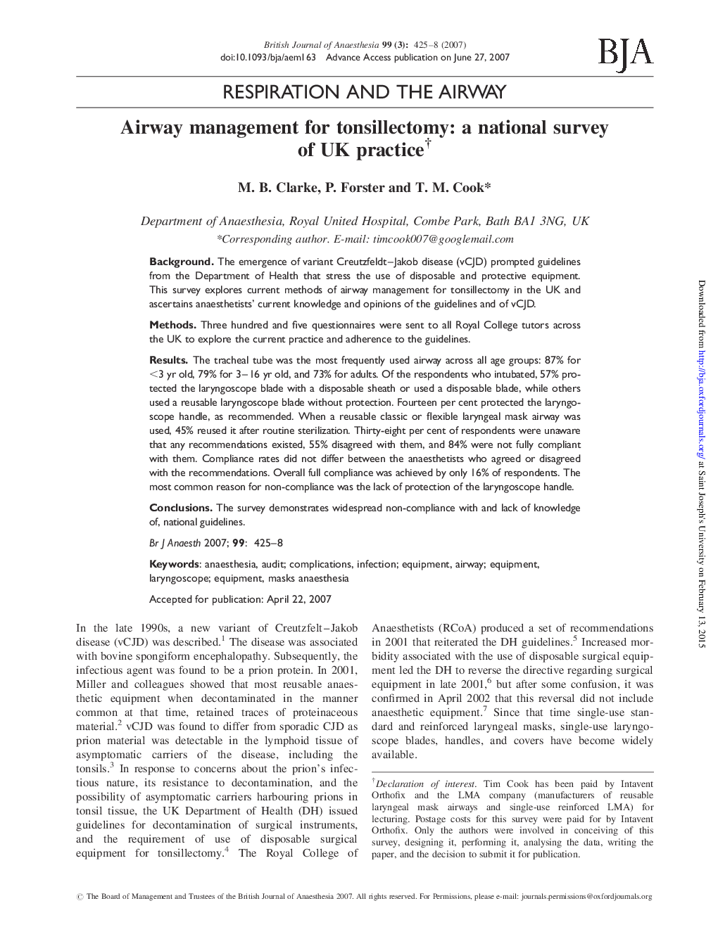 Airway management for tonsillectomy: a national survey of UK practiceâ 