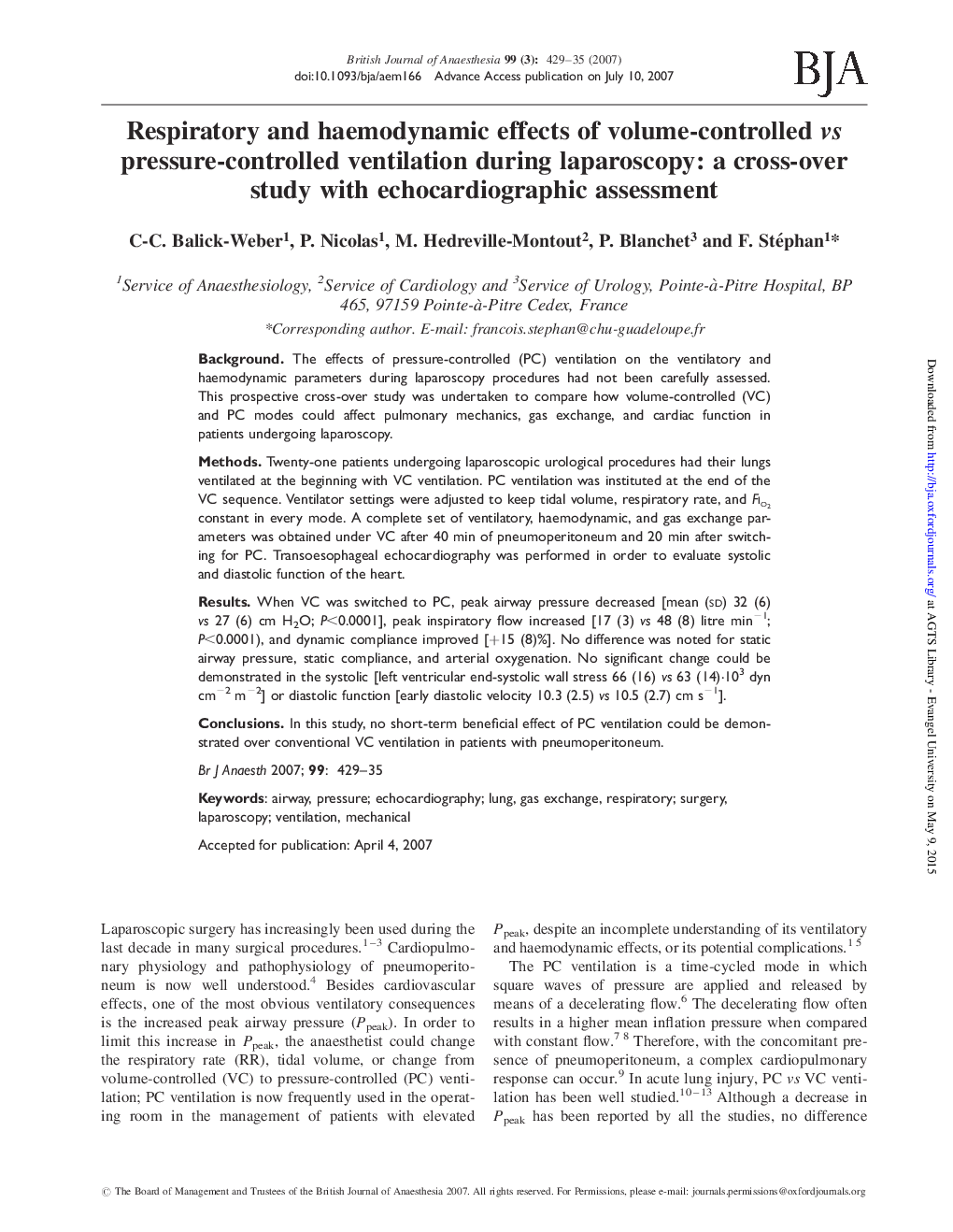 Respiratory and haemodynamic effects of volume-controlled vs pressure-controlled ventilation during laparoscopy: a cross-over study with echocardiographic assessment