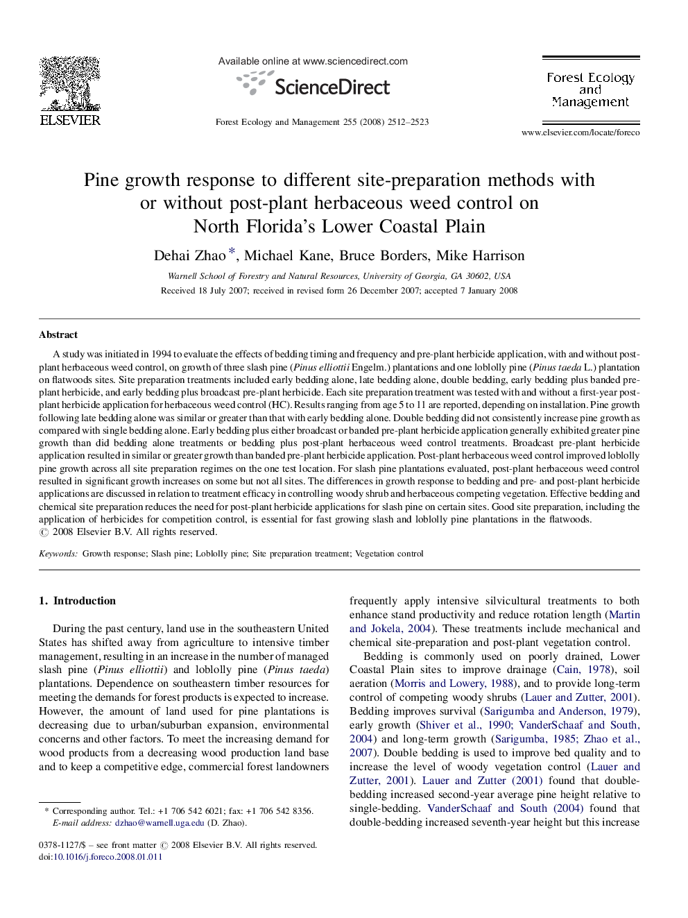 Pine growth response to different site-preparation methods with or without post-plant herbaceous weed control on North Florida's Lower Coastal Plain