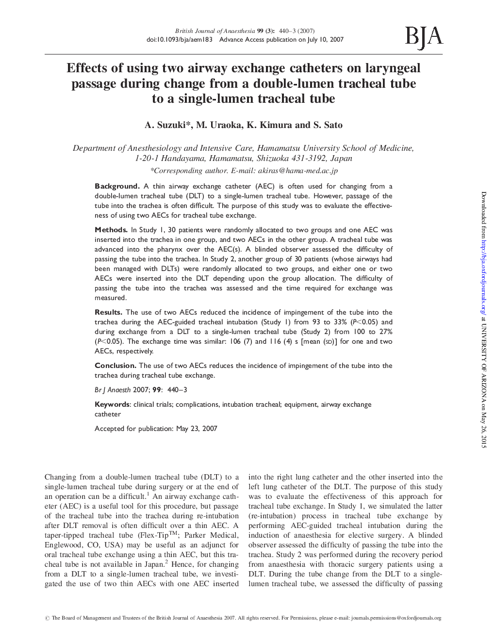 Effects of using two airway exchange catheters on laryngeal passage during change from a double-lumen tracheal tube to a single-lumen tracheal tube