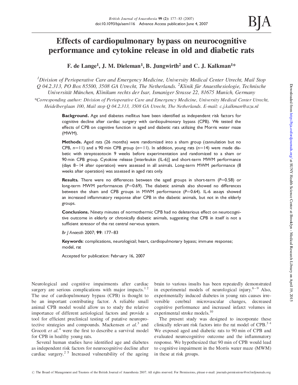 Effects of cardiopulmonary bypass on neurocognitive performance and cytokine release in old and diabetic rats