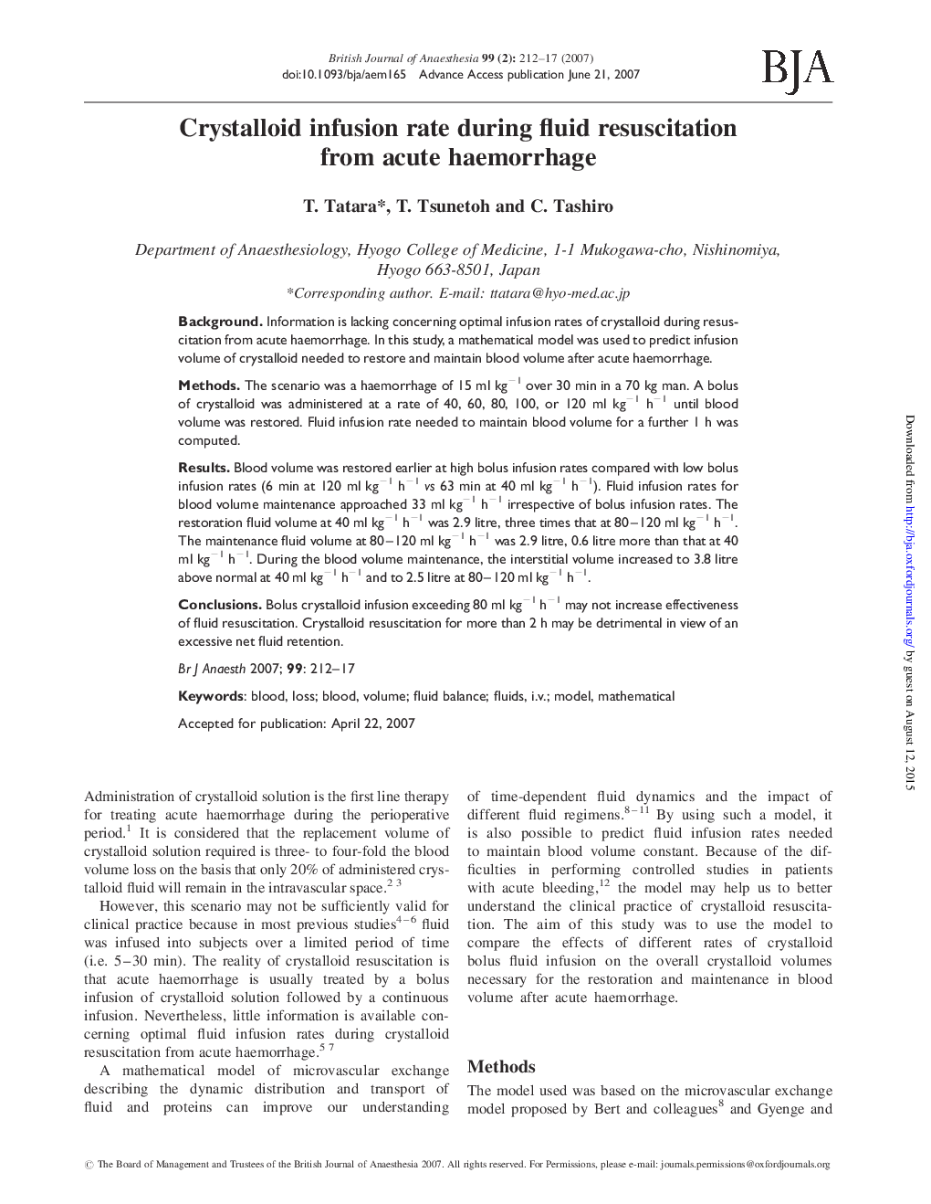 Crystalloid infusion rate during fluid resuscitation from acute haemorrhage