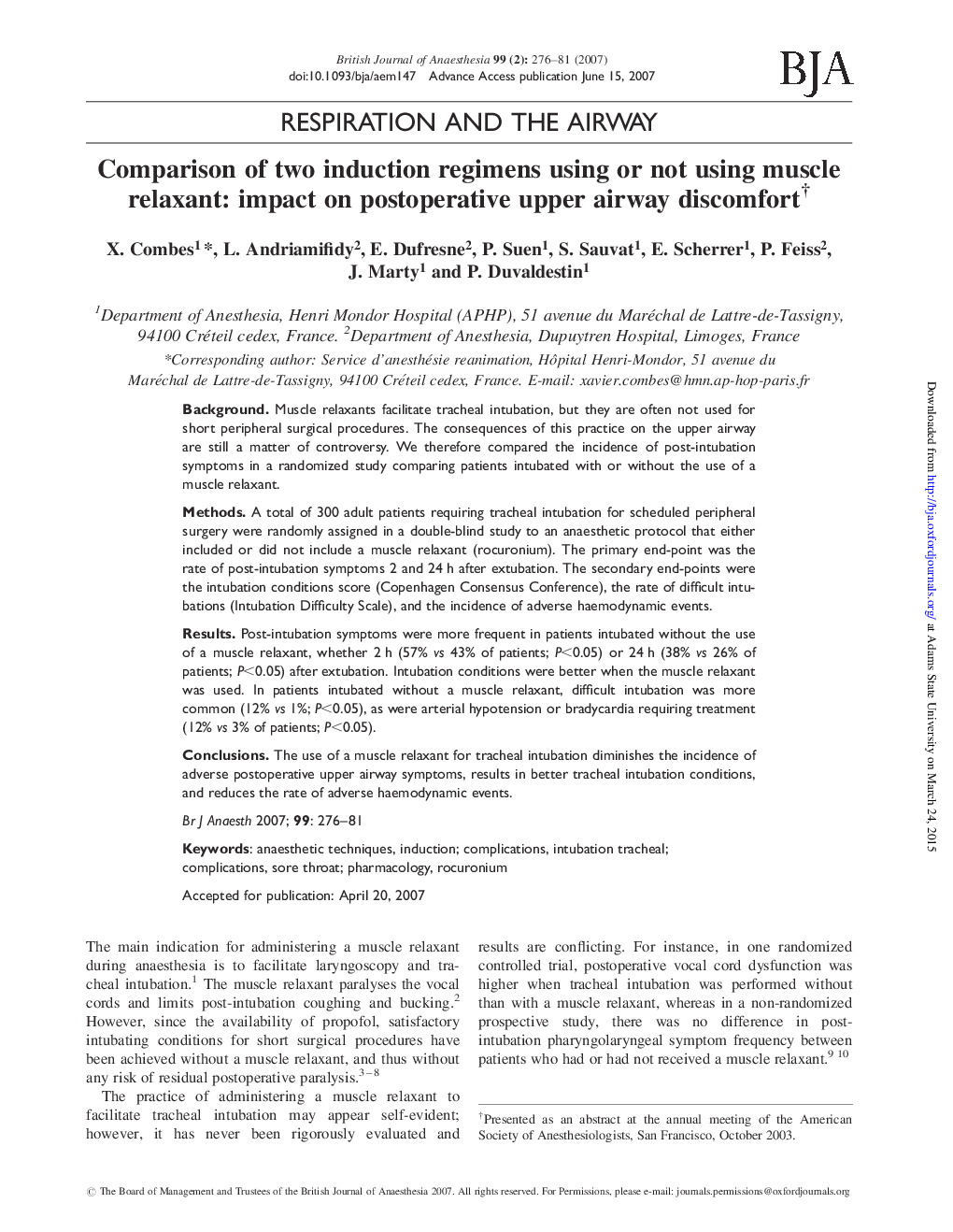 Comparison of two induction regimens using or not using muscle relaxant: impact on postoperative upper airway discomfortâ 