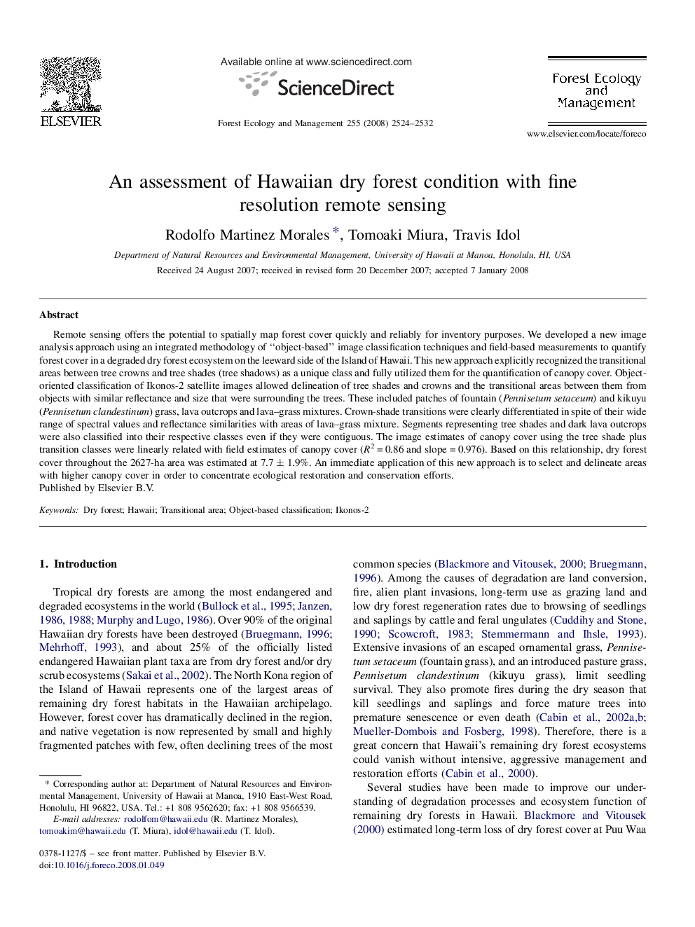 An assessment of Hawaiian dry forest condition with fine resolution remote sensing