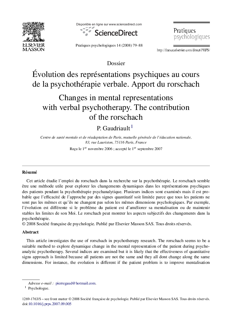 Évolution des représentations psychiques au cours de la psychothérapie verbale. Apport du rorschach