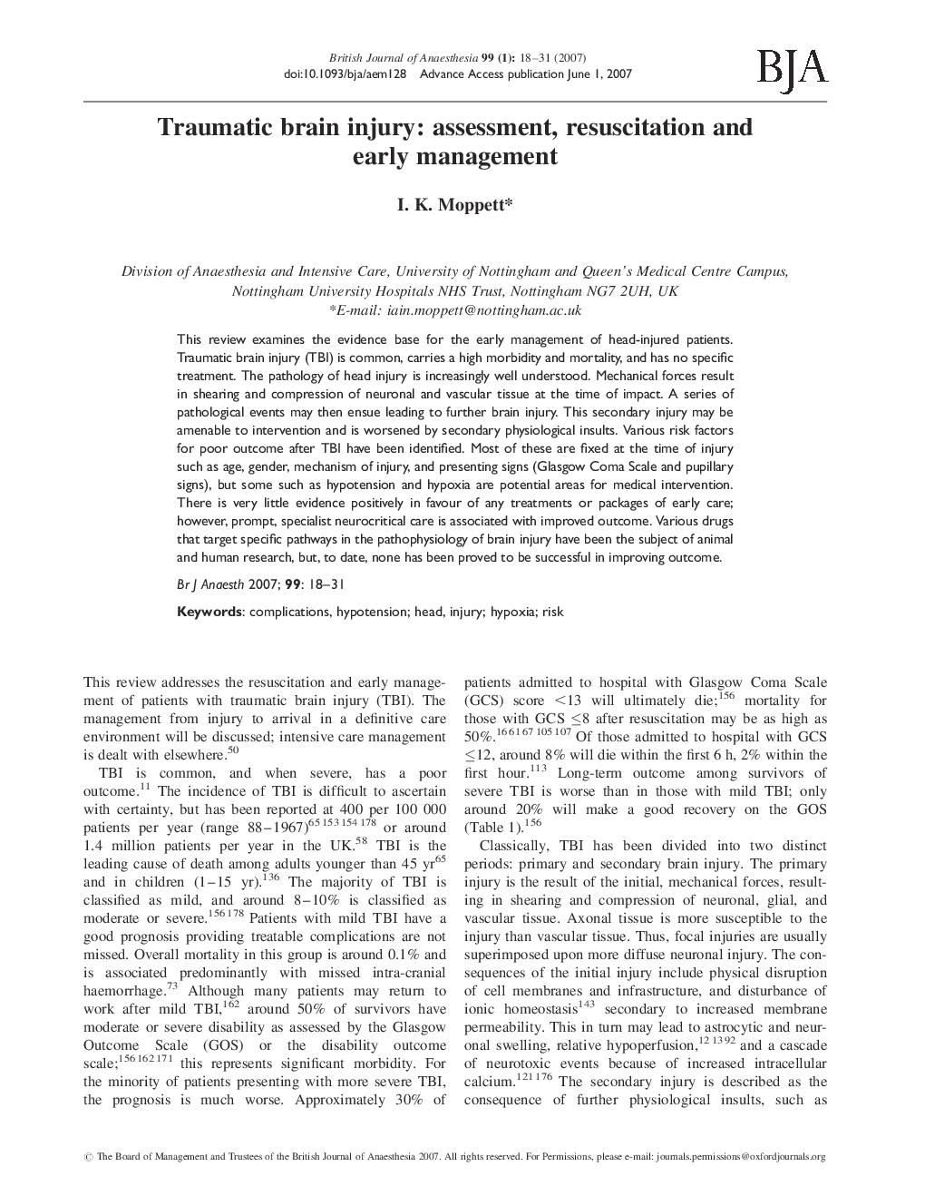 Traumatic brain injury: assessment, resuscitation and early management