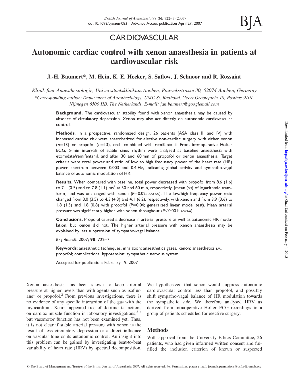 Autonomic cardiac control with xenon anaesthesia in patients at cardiovascular risk