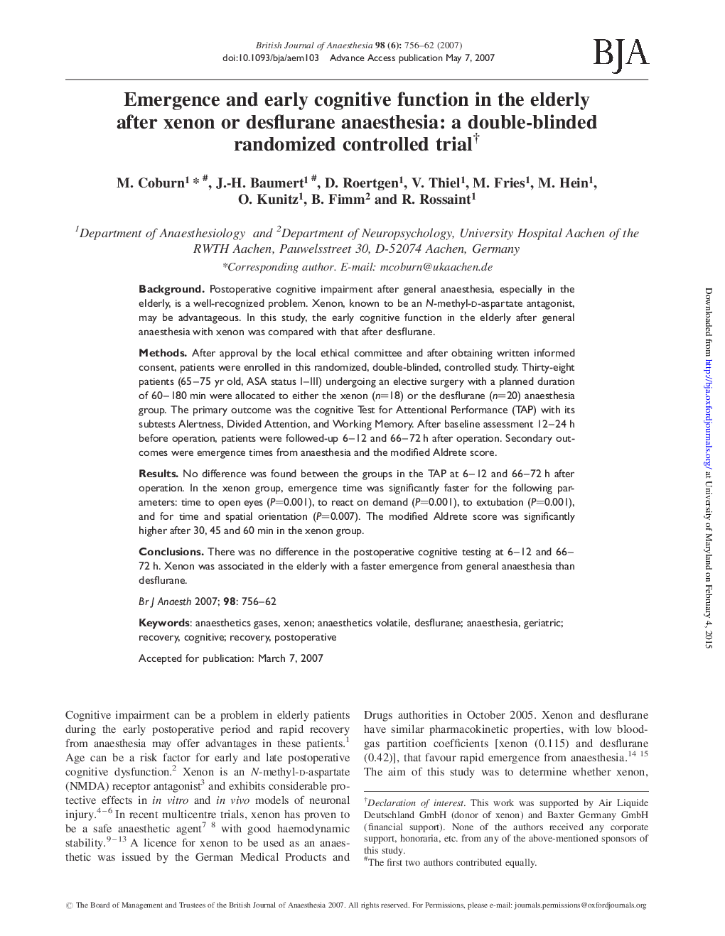 Emergence and early cognitive function in the elderly after xenon or desflurane anaesthesia: a double-blinded randomized controlled trialâ 