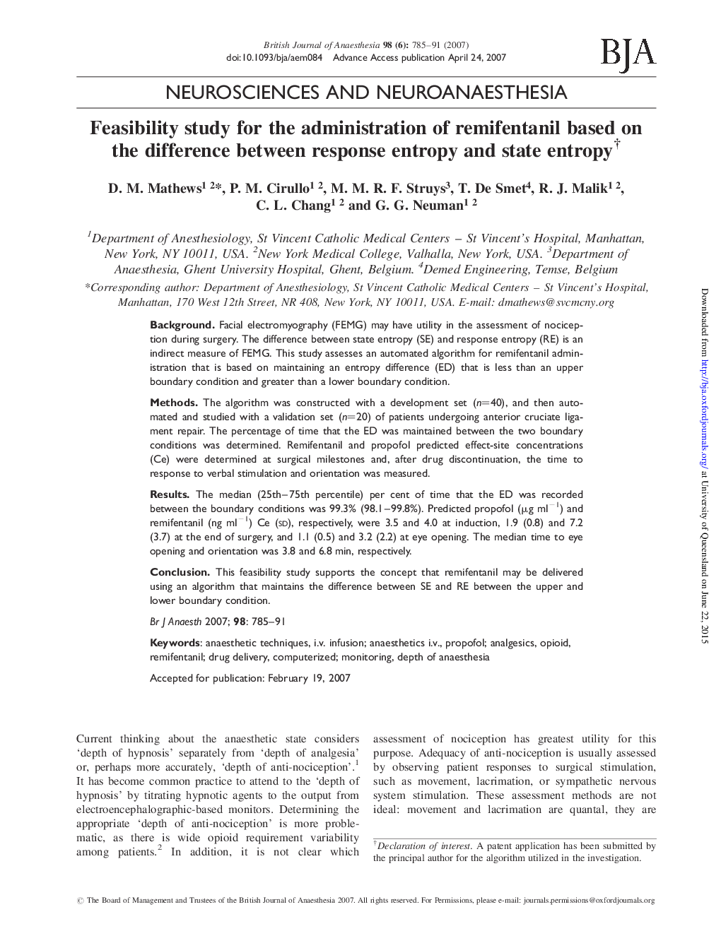 Feasibility study for the administration of remifentanil based on the difference between response entropy and state entropyâ 