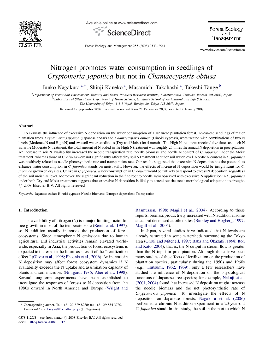 Nitrogen promotes water consumption in seedlings of Cryptomeria japonica but not in Chamaecyparis obtusa