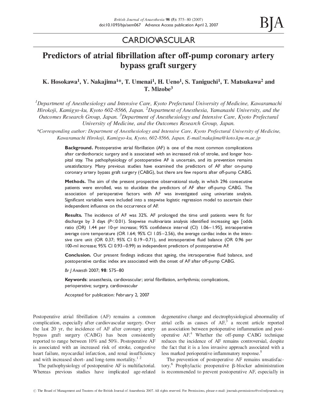 Predictors of atrial fibrillation after off-pump coronary artery bypass graft surgery