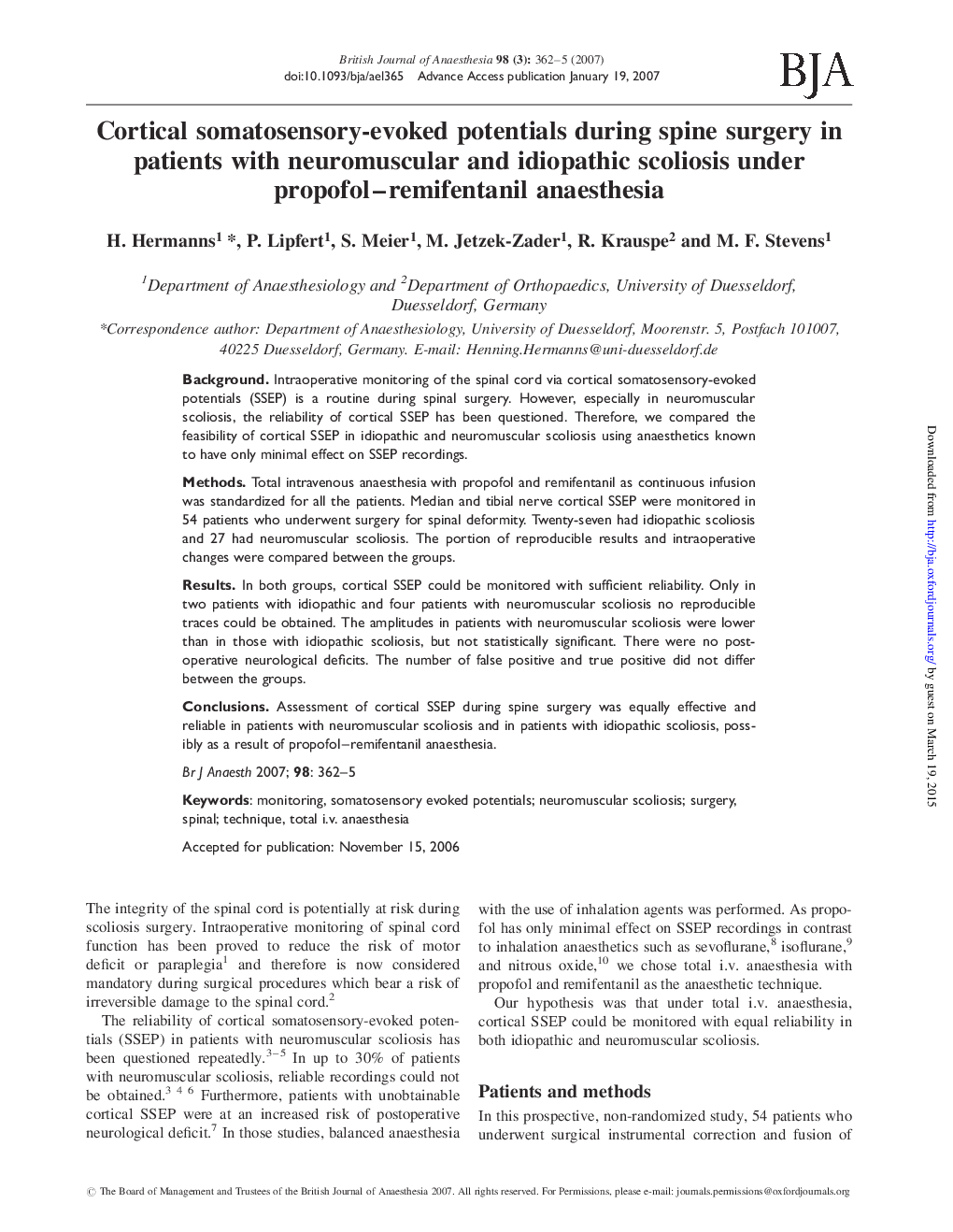 Cortical somatosensory-evoked potentials during spine surgery in patients with neuromuscular and idiopathic scoliosis under propofol-remifentanil anaesthesia