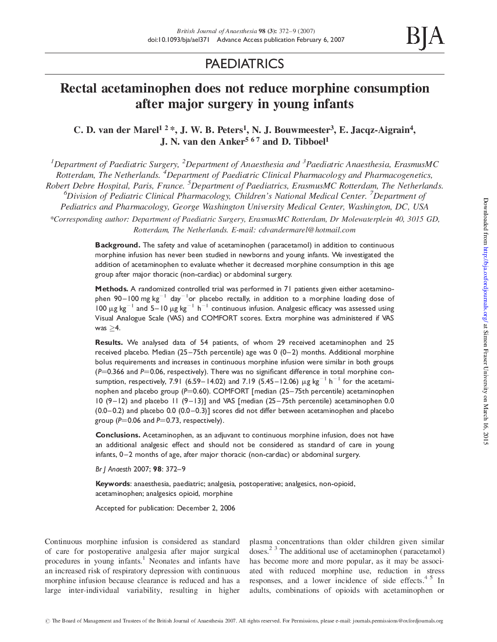 Rectal acetaminophen does not reduce morphine consumption after major surgery in young infants