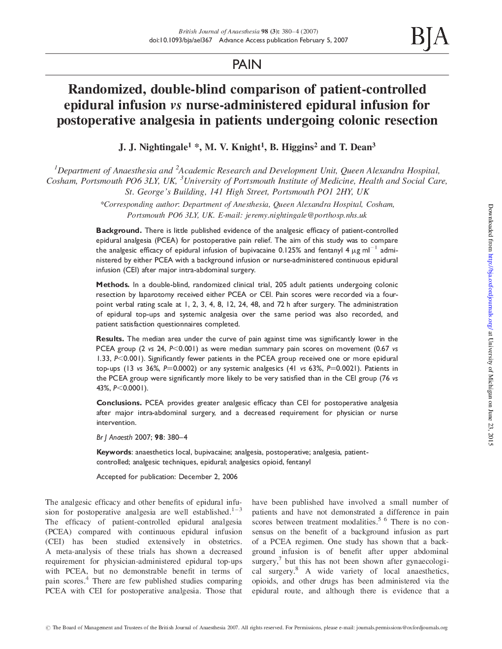 Randomized, double-blind comparison of patient-controlled epidural infusion vs nurse-administered epidural infusion for postoperative analgesia in patients undergoing colonic resection
