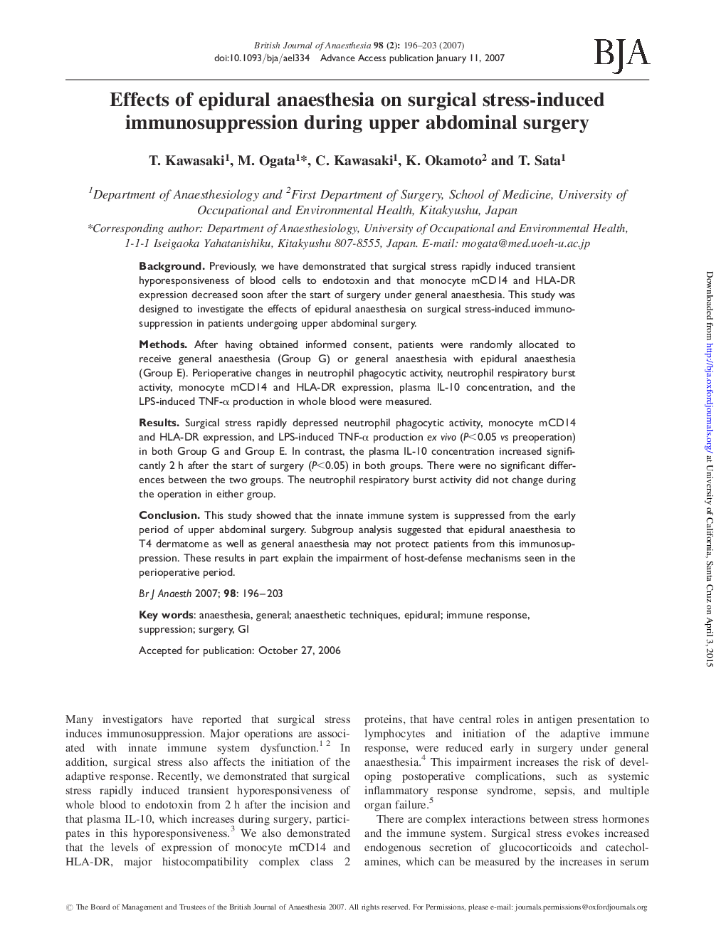 Effects of epidural anaesthesia on surgical stress-induced immunosuppression during upper abdominal surgery