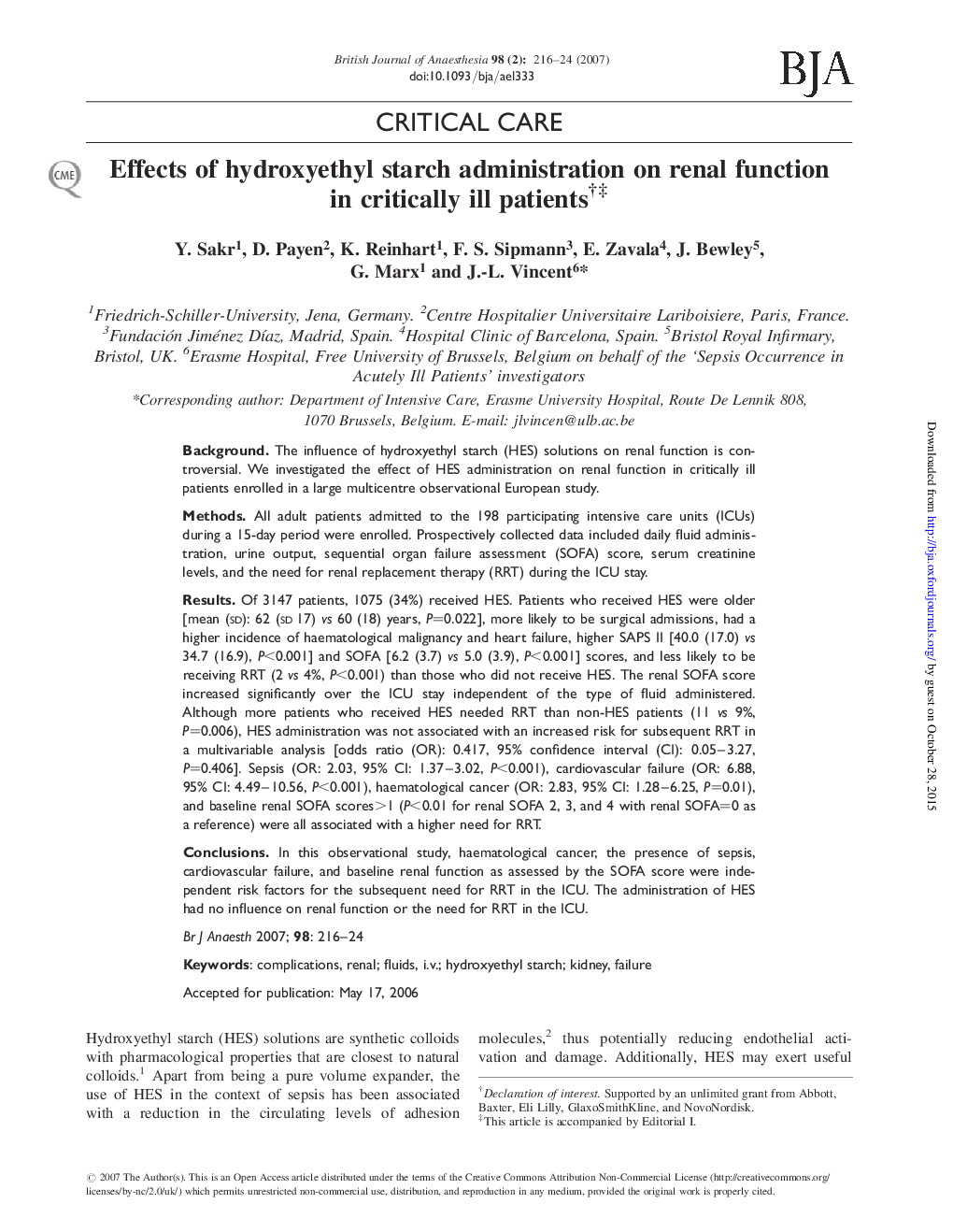 Effects of hydroxyethyl starch administration on renal function in critically ill patientsâ â¡