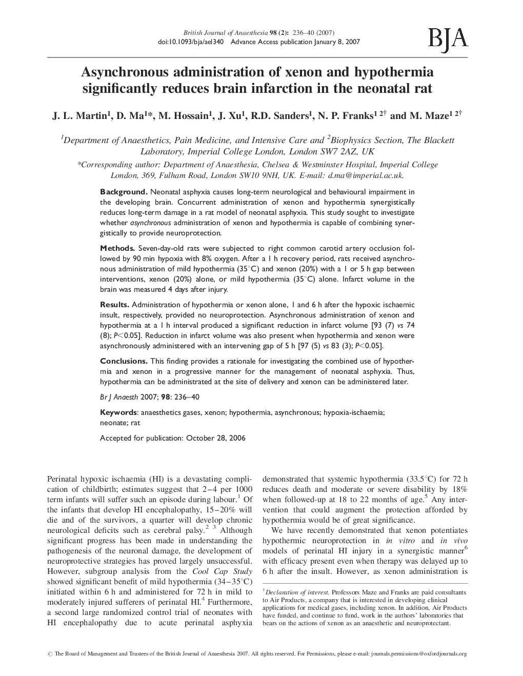 Asynchronous administration of xenon and hypothermia significantly reduces brain infarction in the neonatal rat