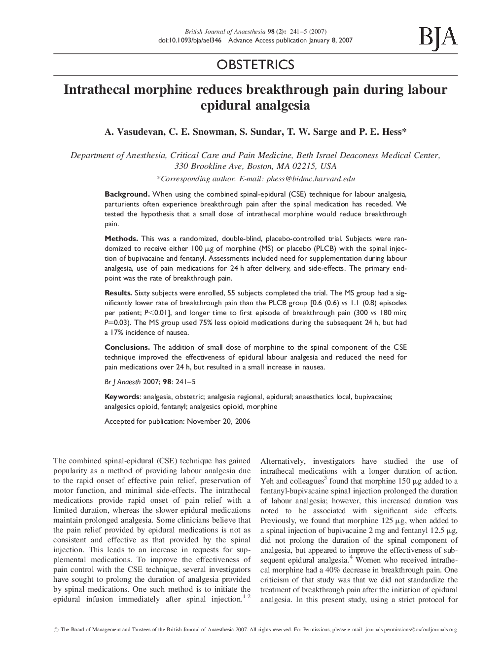 Intrathecal morphine reduces breakthrough pain during labour epidural analgesia