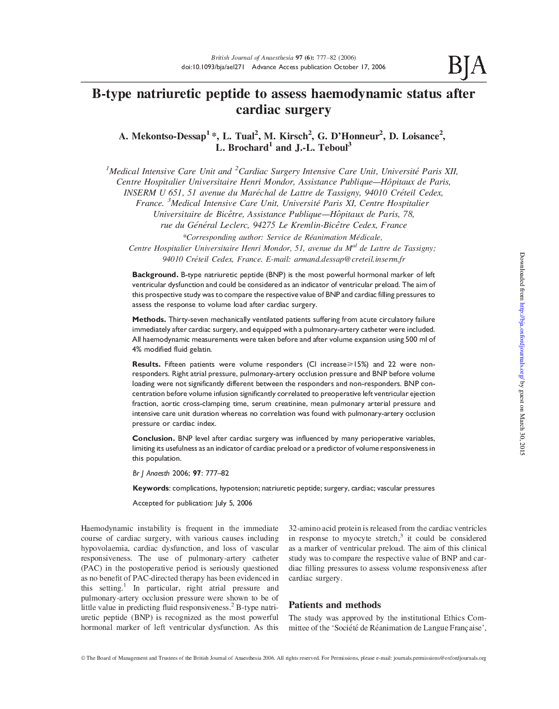 B-type natriuretic peptide to assess haemodynamic status after cardiac surgery