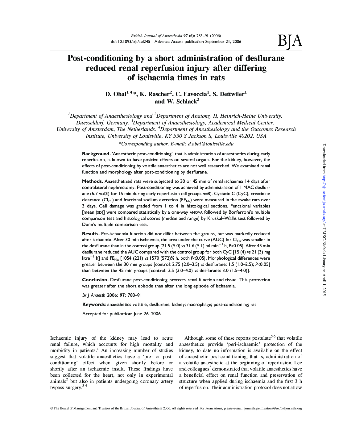 Post-conditioning by a short administration of desflurane reduced renal reperfusion injury after differing of ischaemia times in rats