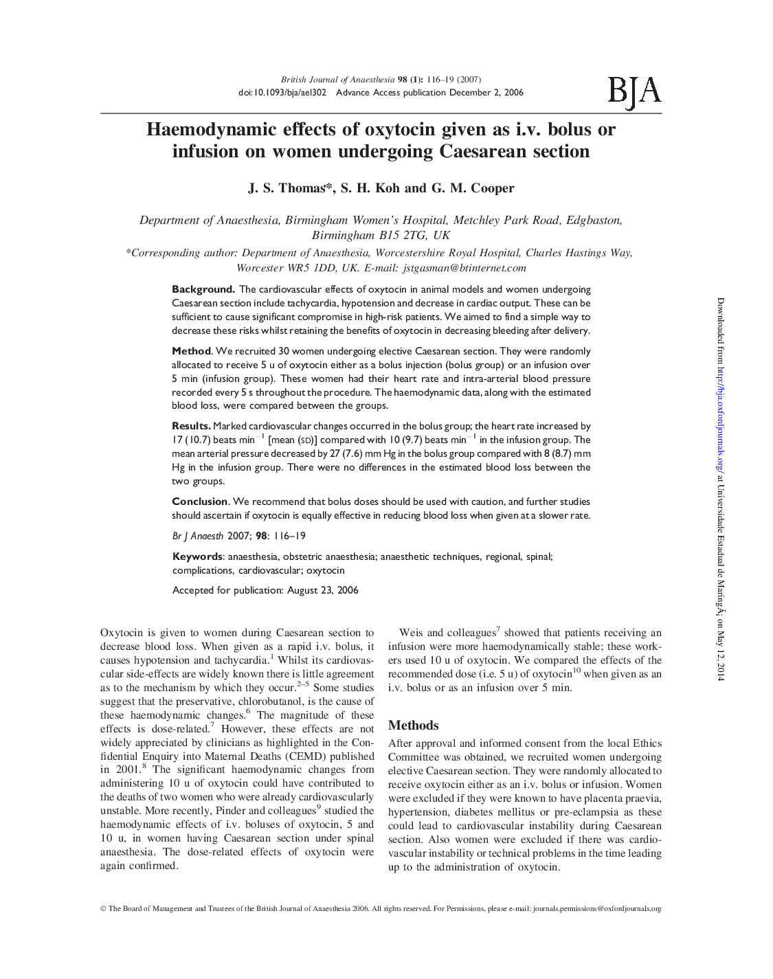 عکس صفحه اول مقاله: Haemodynamic effects of oxytocin given as i.v. bolus or infusion on women undergoing Caesarean section Haemodynamic effects of oxytocin given as i.v. bolus or infusion on women undergoing Caesarean section