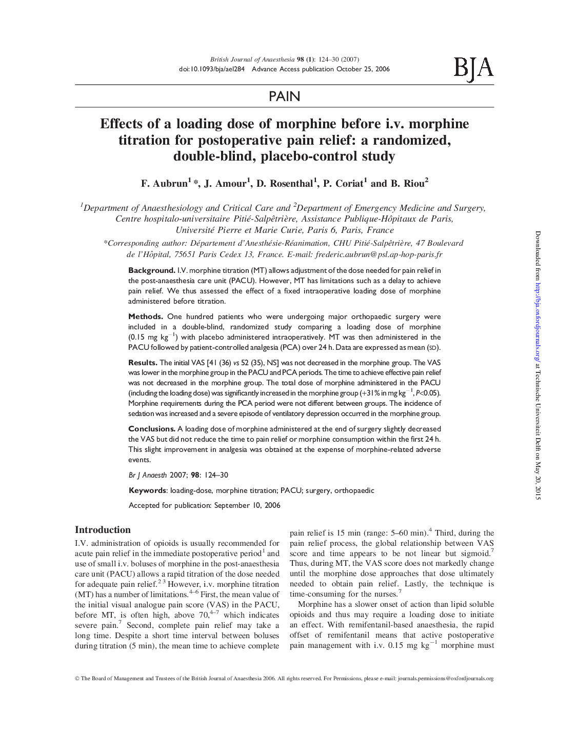 Effects of a loading dose of morphine before i.v. morphine titration for postoperative pain relief: a randomized, double-blind, placebo-control study