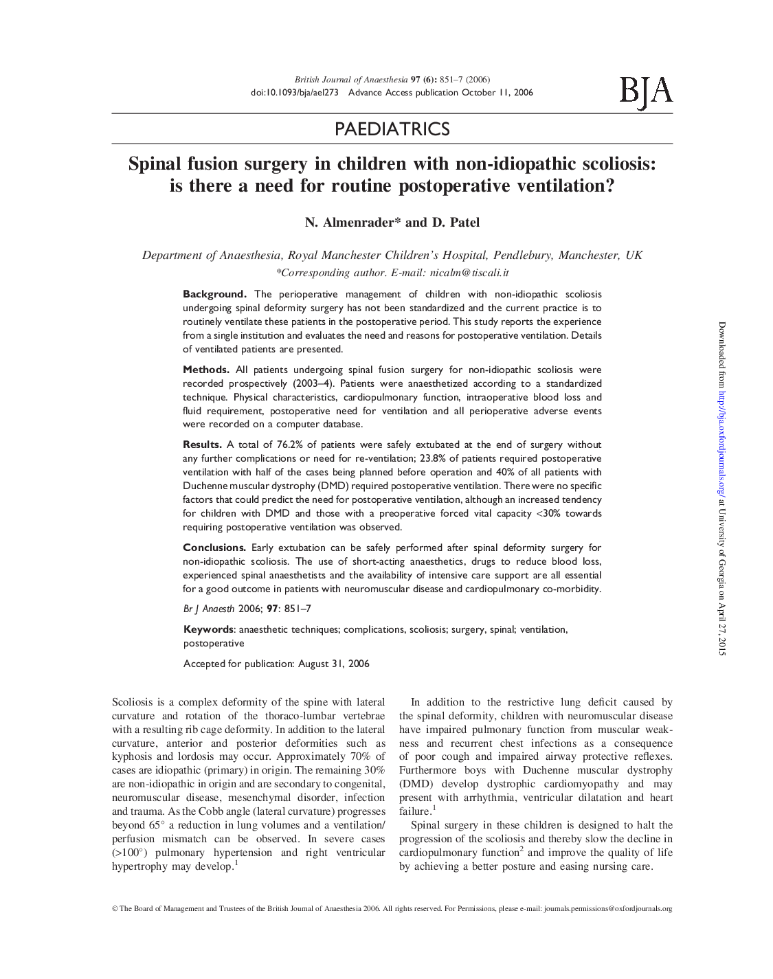 Spinal fusion surgery in children with non-idiopathic scoliosis: is there a need for routine postoperative ventilation?