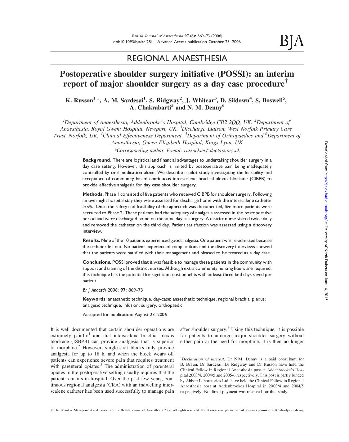 Postoperative shoulder surgery initiative (POSSI): an interim report of major shoulder surgery as a day case procedureâ 