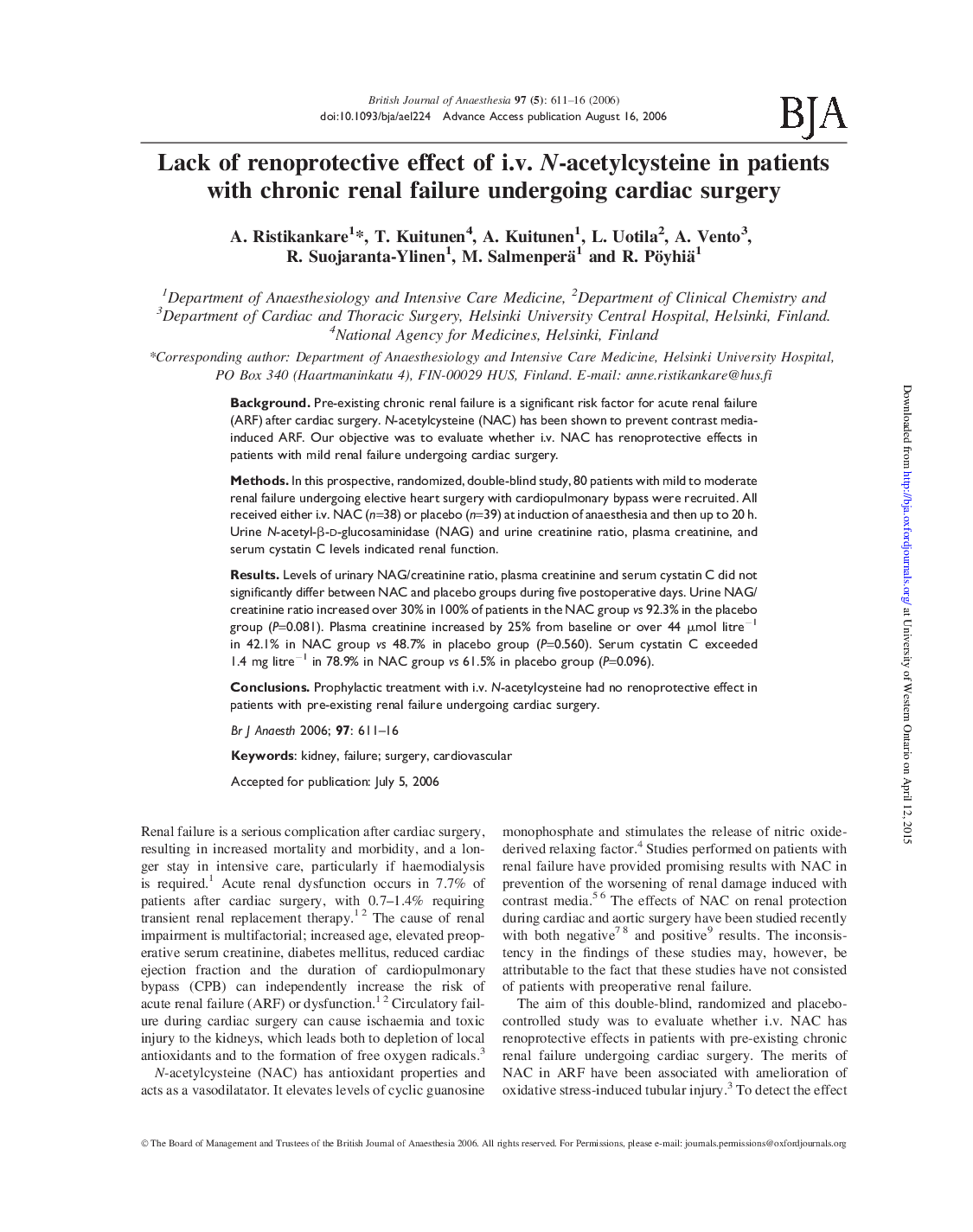 Lack of renoprotective effect of i.v. N-acetylcysteine in patients with chronic renal failure undergoing cardiac surgery